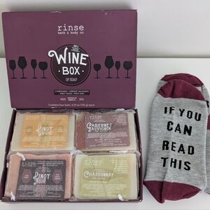 BUNDLE Rinse Bath & Body Handmade Wine Soap 4 Bars Gift Set & Funny Wine Socks